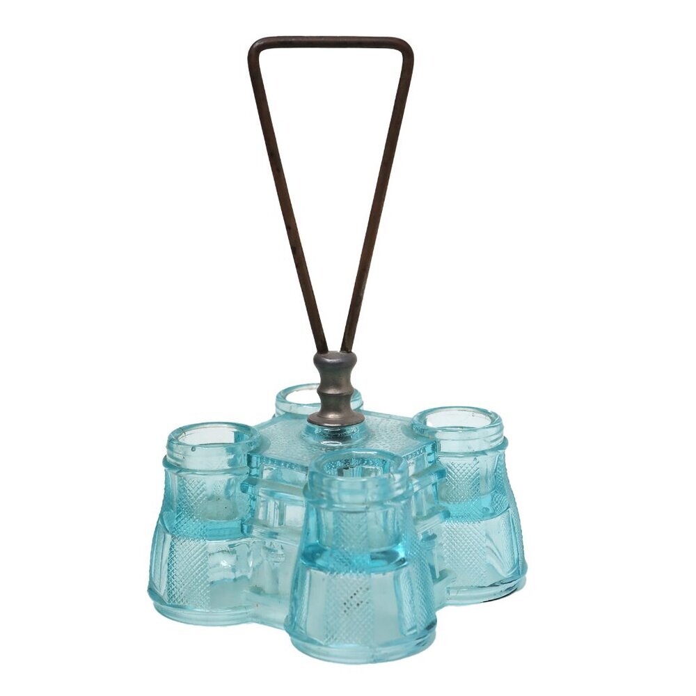 Vintage Light Blue Pressed Glass Cruet Caddy for Oil Vinegar Condiments EAPG